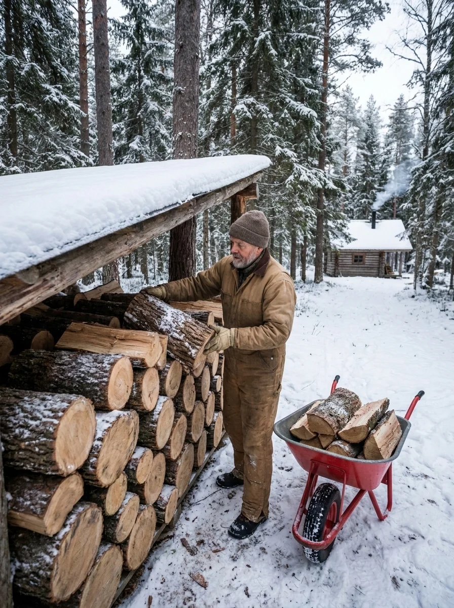 A man stacks split firewood under a snow-covered roof shelter in an alpine forest clearing, with a red wheelbarrow of logs nearby.