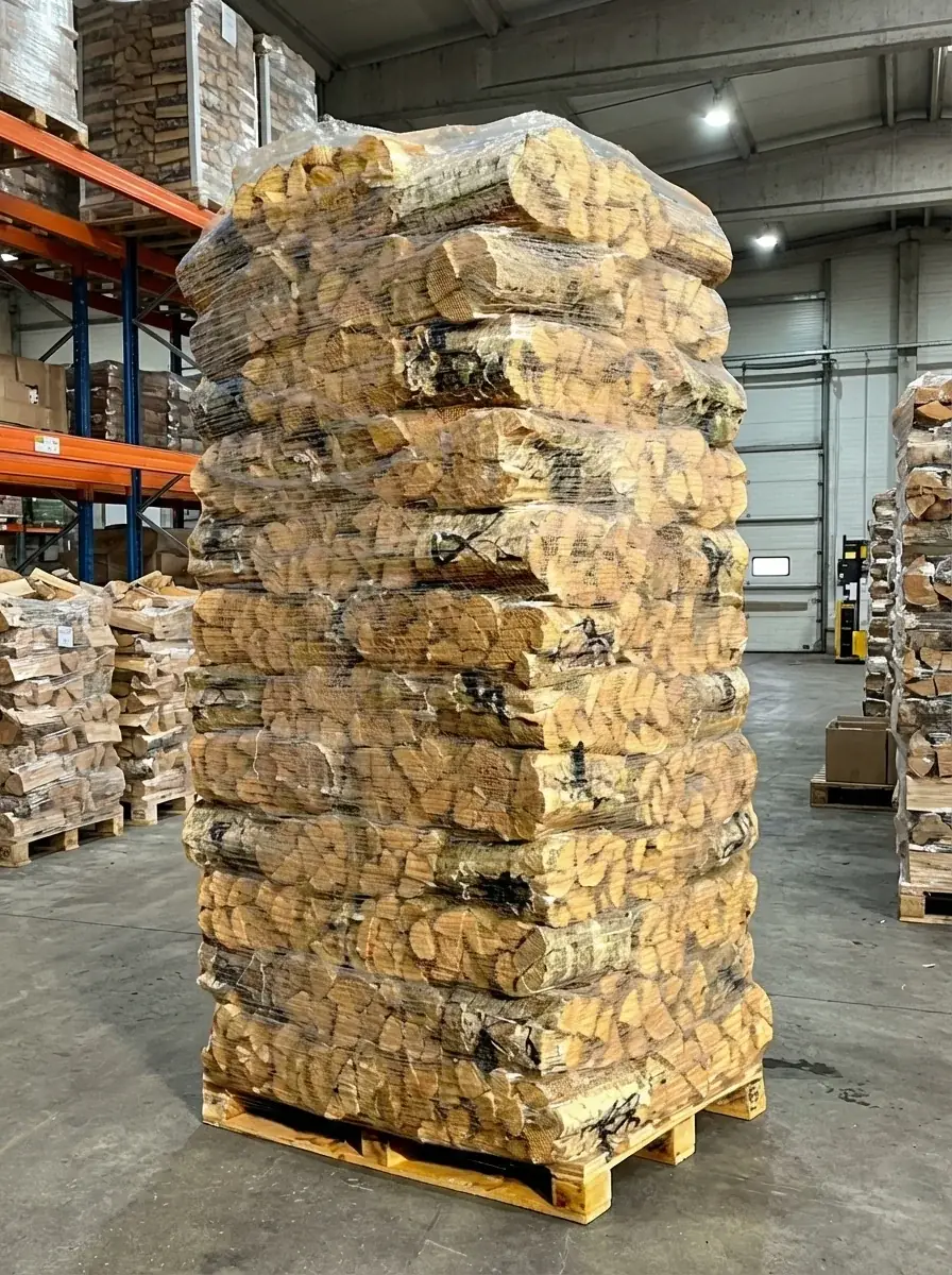 Large stacked firewood bundle wrapped in plastic on wooden pallet inside industrial warehouse with metal shelving and garage doors.