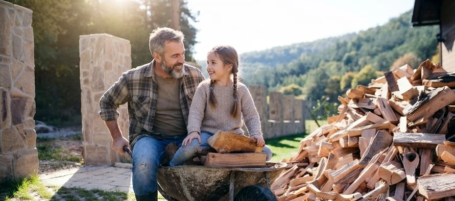 Ein Mann und ein Kind sitzen auf einem Baumstamm neben einem großen Holzstapel mit bewaldeten Bergen im Hintergrund