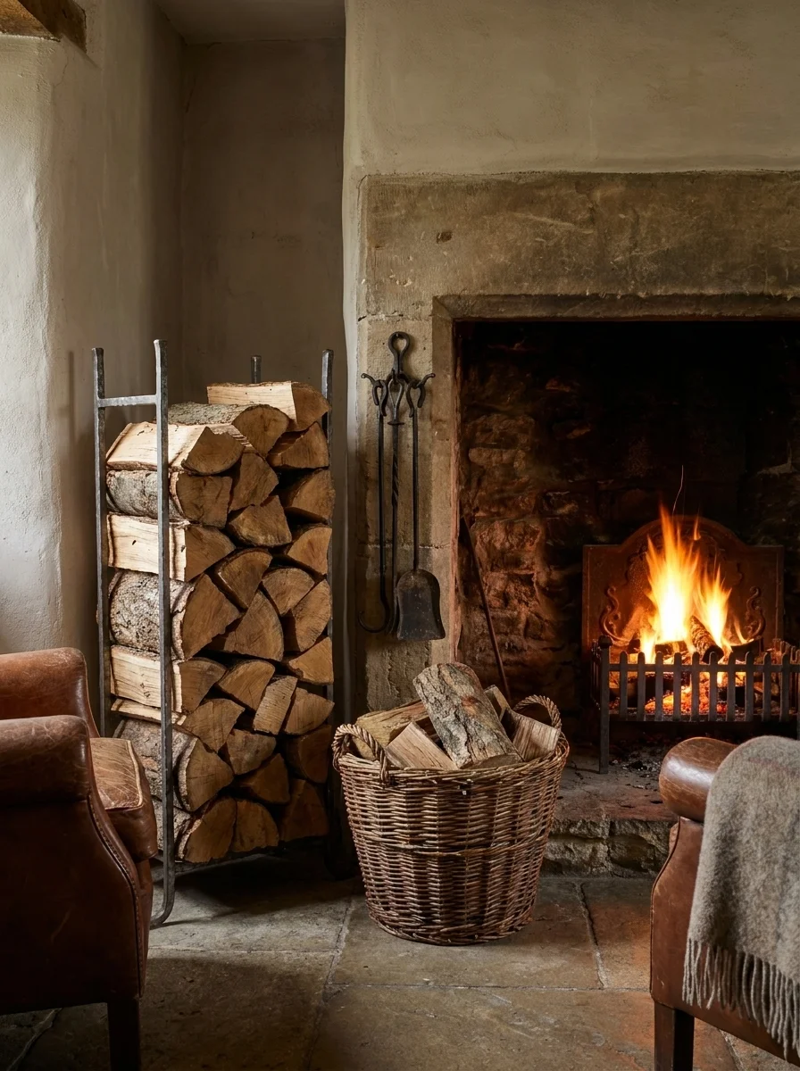 Split firewood stacked in a metal rack beside a fireplace with active fire, wicker basket of logs and kindling in foreground, leather chairs nearby.