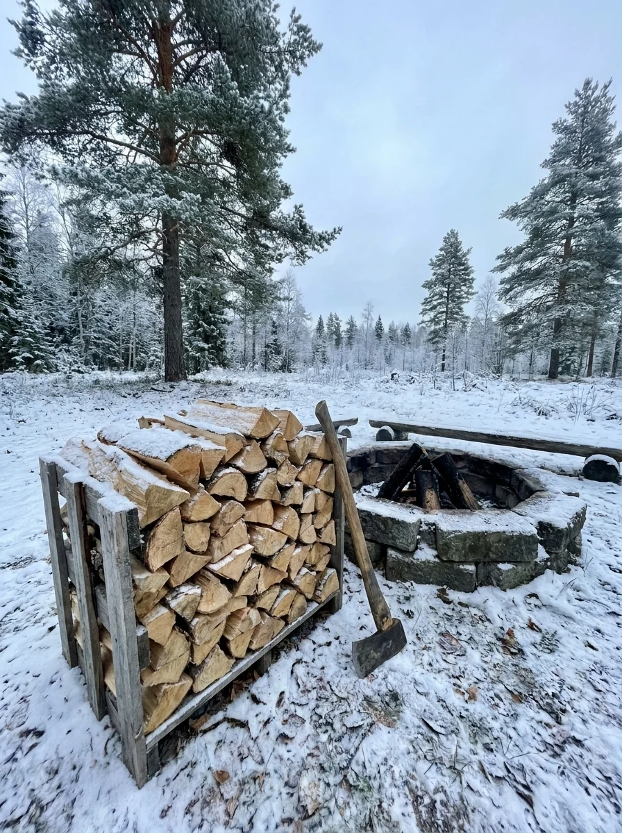 Staplade kluvna björkvedsstockar inplastade på träpall i tegellagerhall med stora fönster