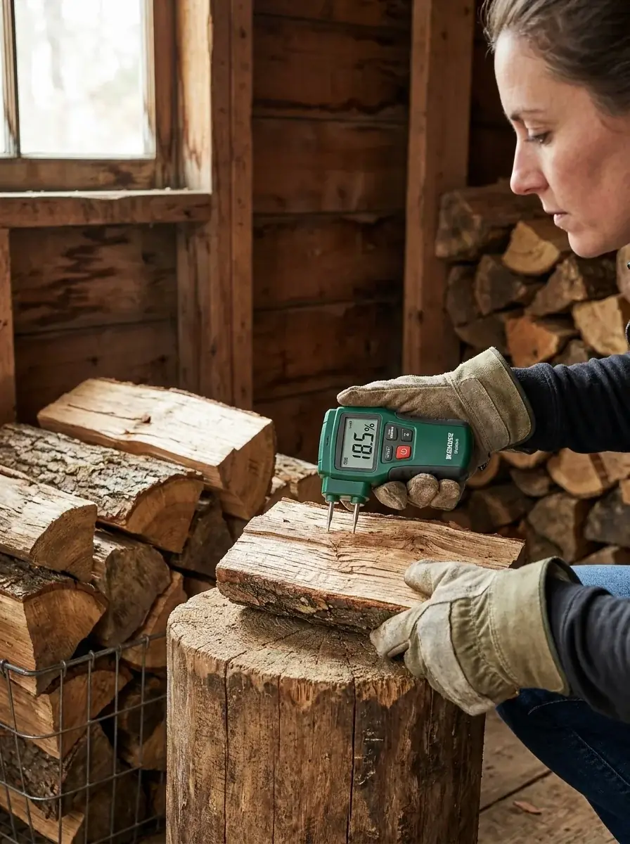 A woman wearing work gloves measures wood moisture with a digital meter while holding a split log in a woodshed filled with stacked firewood and logs.