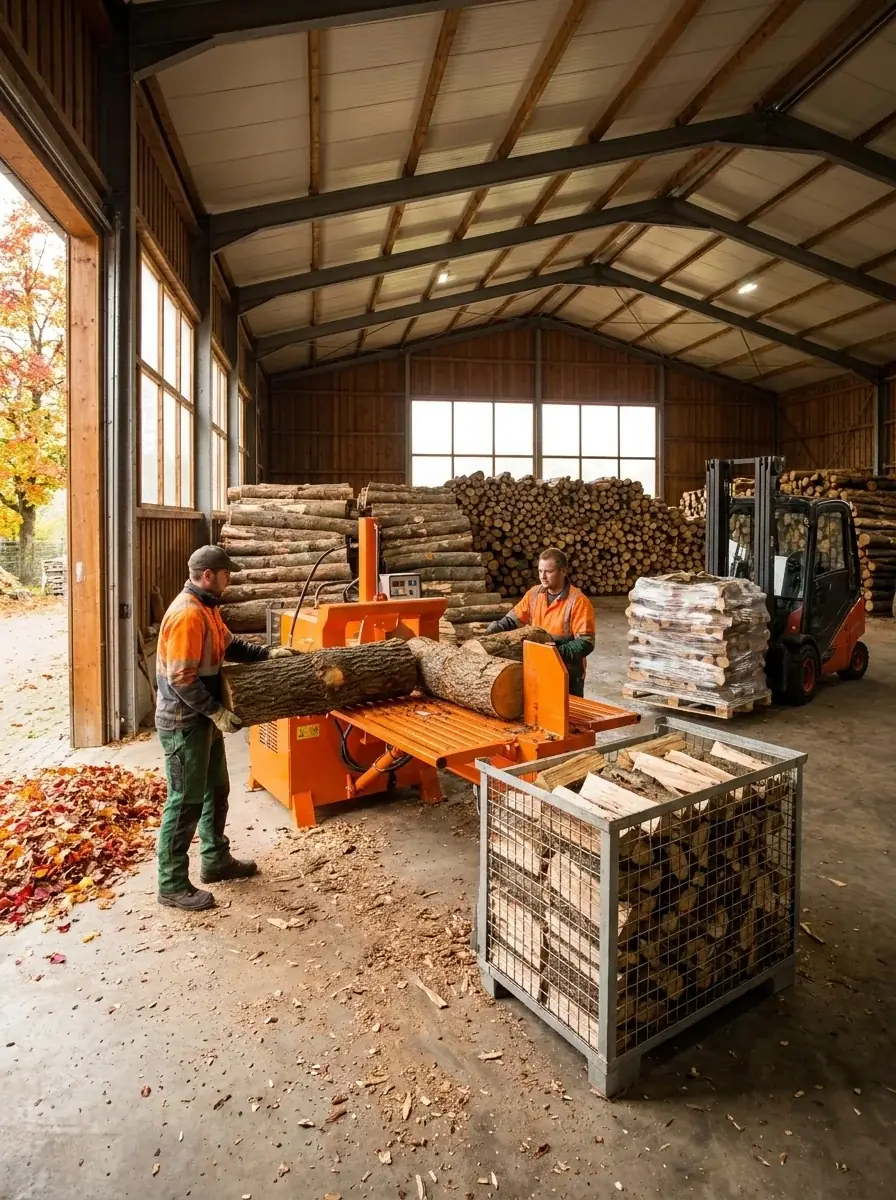 Two workers in orange safety gear operate a wood splitter processing logs in a covered barn. Stacked firewood and pallets fill the background.