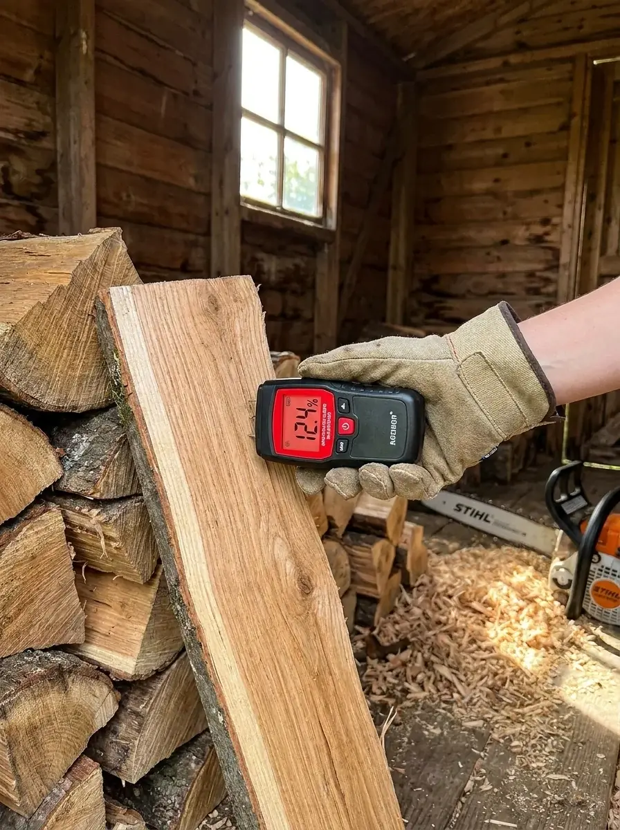 Person wearing work gloves holds a moisture meter against a split birch log in a wooden barn, with stacked firewood and a chainsaw visible.