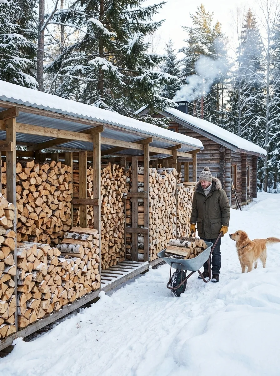 A person with a dog loads split firewood from a wheelbarrow beside wooden storage sheds in a snowy forest. Stacked logs fill covered structures with coniferous trees visible in the background.