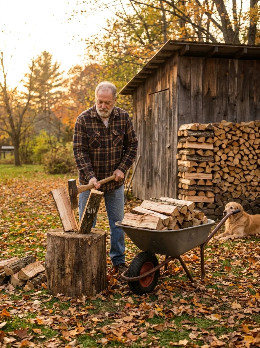 An older man splits firewood with an axe on a tree stump next to a wheelbarrow filled with split logs. A woodshed and stacked firewood pile are visible behind him in an autumn backyard setting.