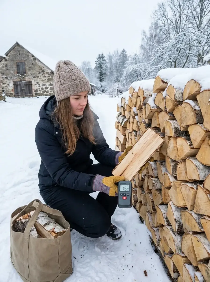 A woman crouches in snow, holding a split log and measuring it with a moisture meter next to a large stacked-firewood pile. A stone cottage and snow-covered forest are visible in the background.