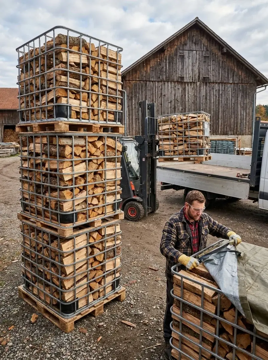 A man in a plaid shirt loads split firewood from a metal cage onto a pallet near a wooden barn, with a forklift and additional stacked wood visible.