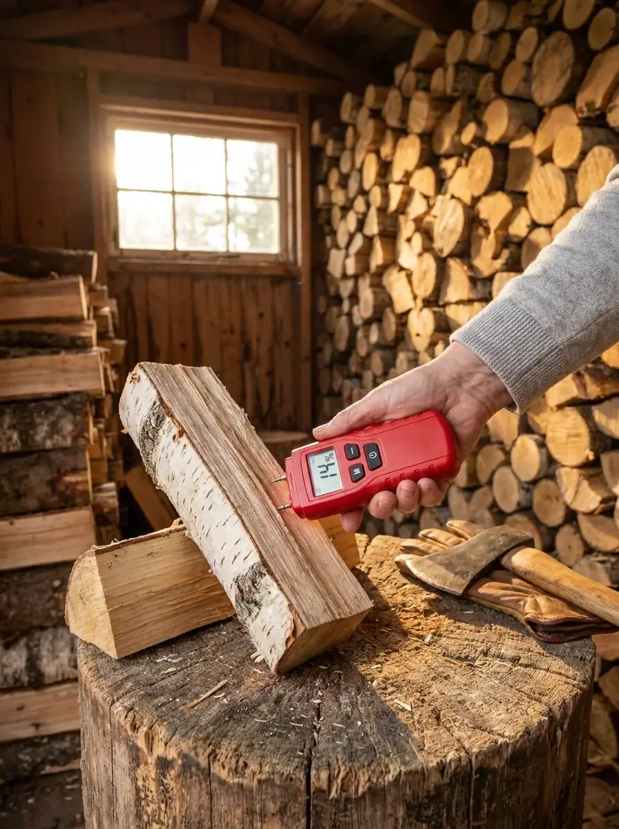 A person measures the moisture content of a split birch log using a handheld meter inside a woodshed filled with stacked firewood.