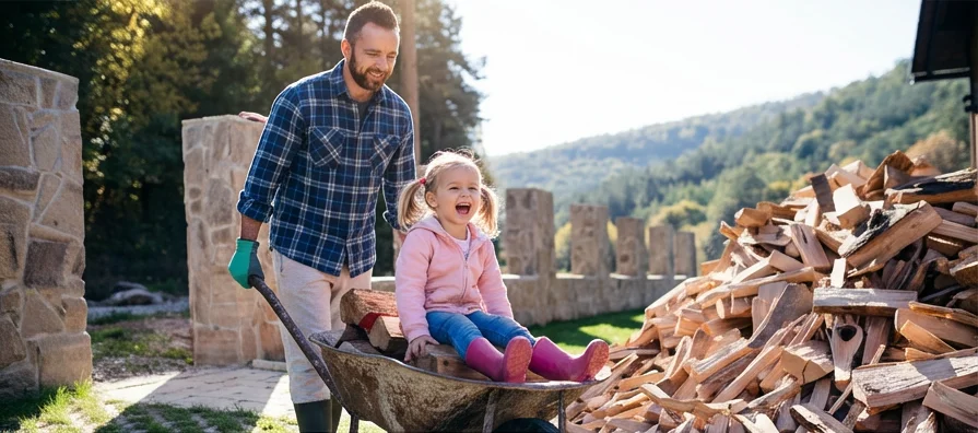 Ein Mann und ein Kind sitzen neben einem großen Stapel gespaltener Holzscheite in einer grünen Naturlandschaft