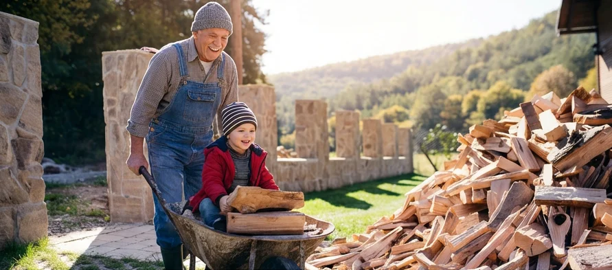 Mann und Kind bei einem großen Holzstapel im Freien – selbst gelagertes Brennholz als günstigste Option für den Kaminofen