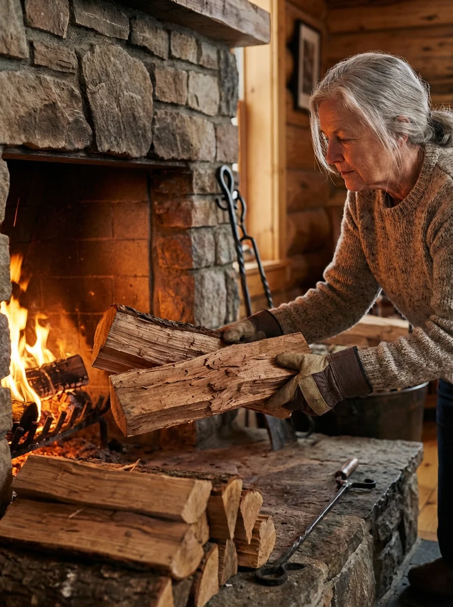 An older woman adds a split log to a burning fireplace, with stacked firewood beside her on a stone hearth inside a wooden cabin.