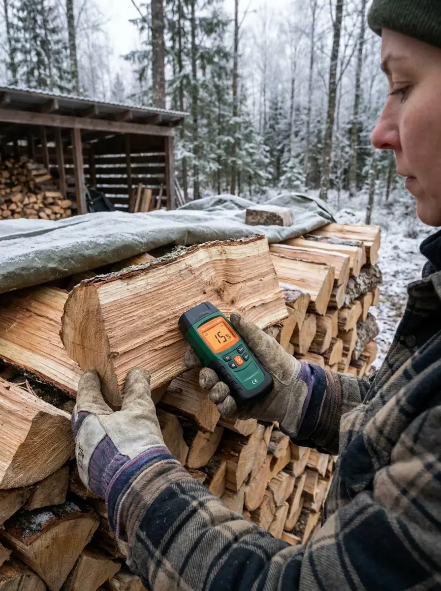 A person in work gloves holds a moisture meter against a split birch log in a stacked firewood pile. Snow-covered forest and wooden storage shed visible in background.