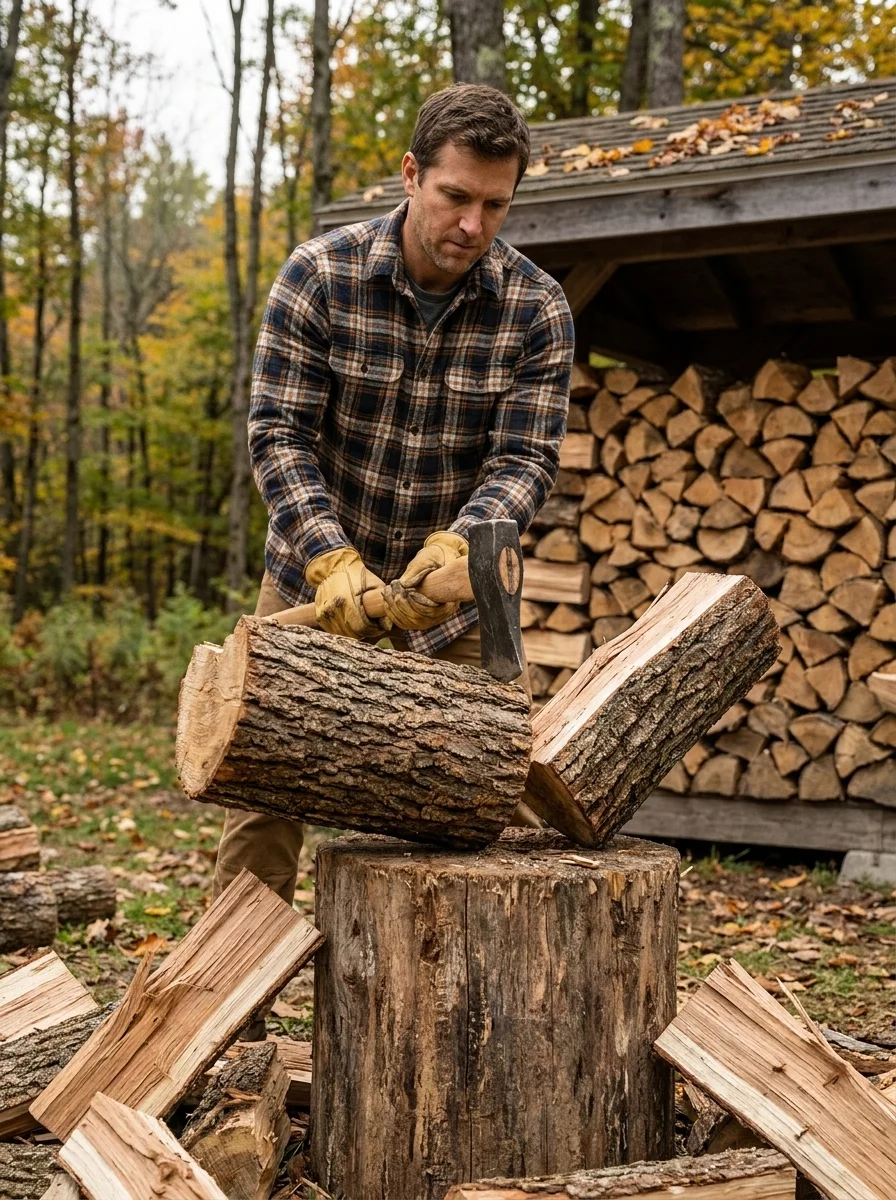 A man in a plaid shirt splits a log with an axe on a tree stump, with a woodshed and stacked firewood visible behind him in autumn.