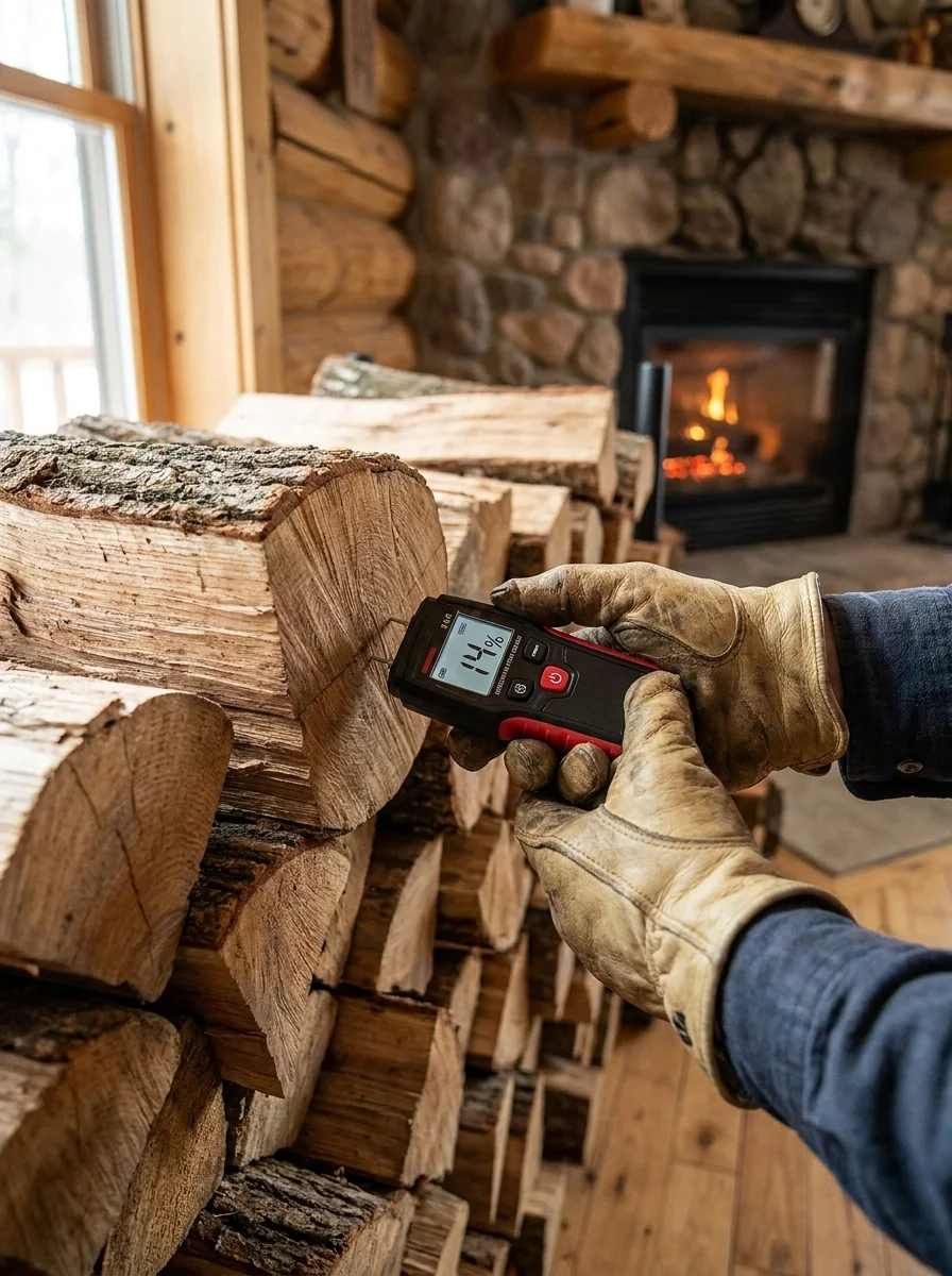 A person in work gloves measures the moisture content of a split birch log using a handheld meter, with stacked firewood and a lit wood stove visible in the background.
