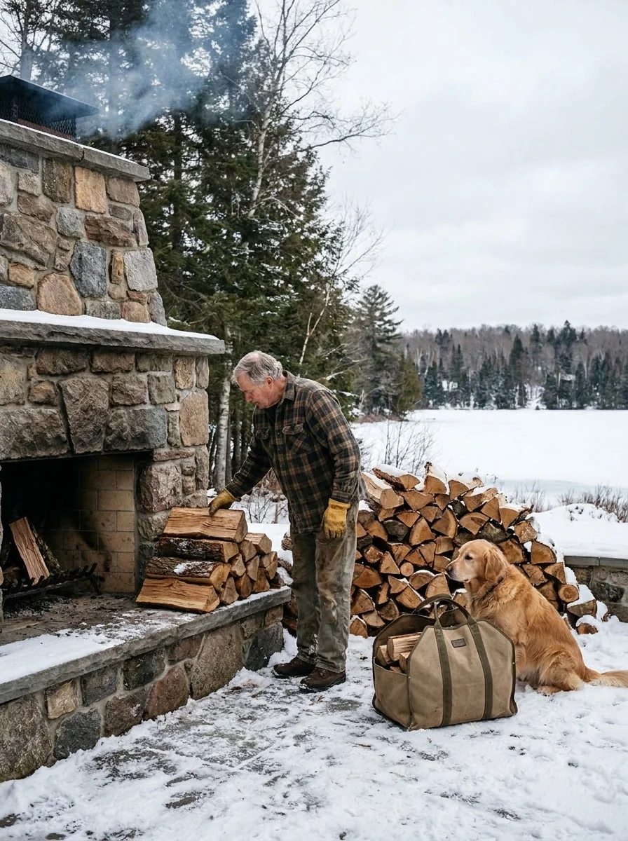 Kamin med brinnande eld bakom glasdörrar flankerad av vedstaplar och redskap i stuginteriör med trätak