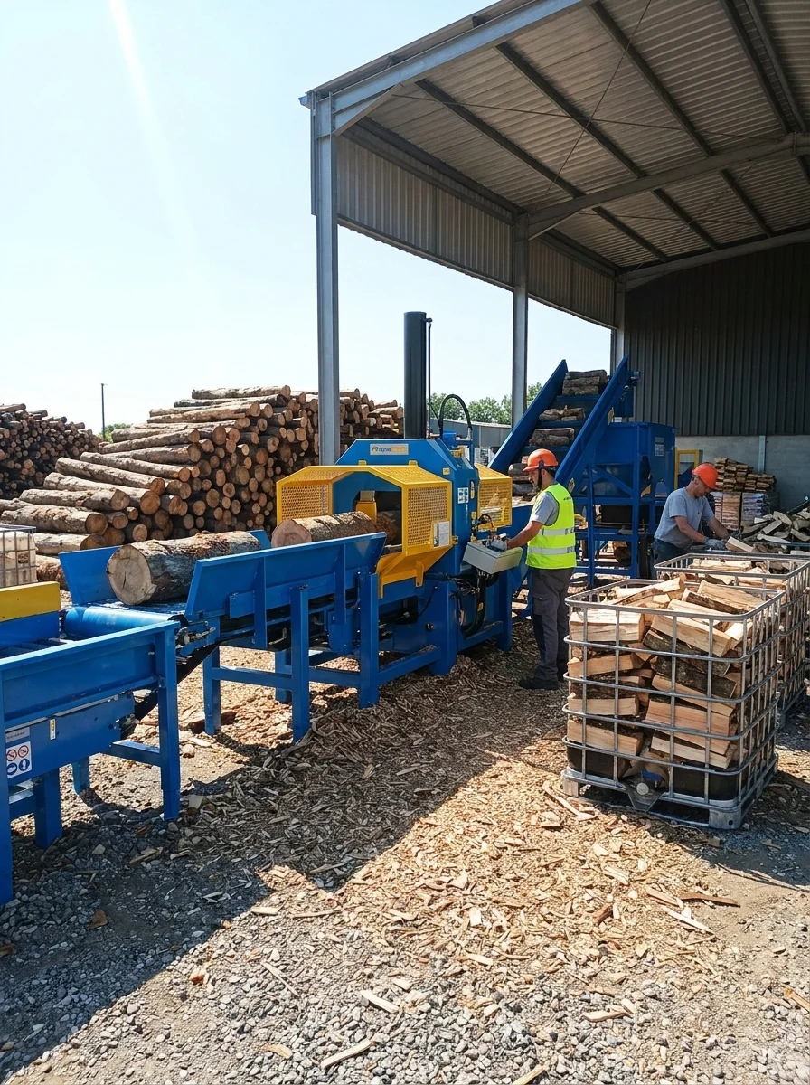 Stor inplastad vedpall på träpall i industriellt lager med metallhyllor och garageportar