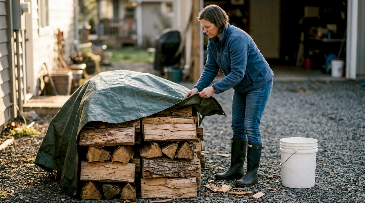 Kvinnа tackar en vedstapel med presenning - rätt sätt