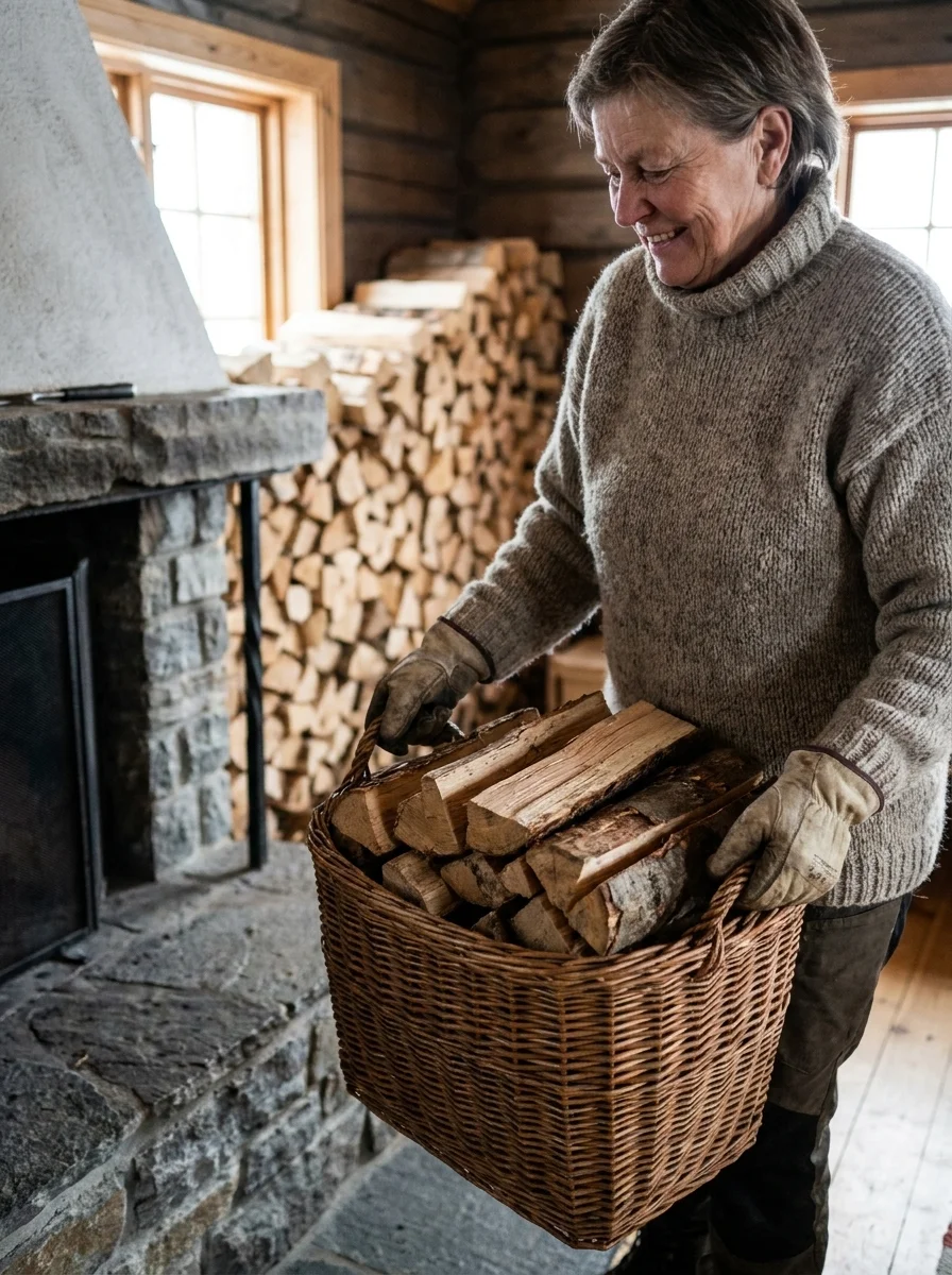 Person i grå tröja som bär vedkorg med kluven ved inne i ett välstaplat vedförråd