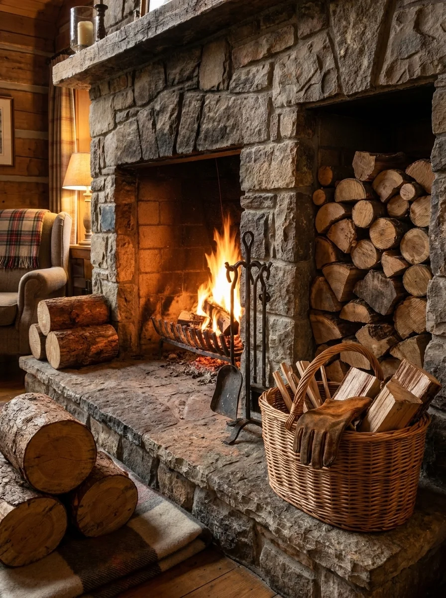 Kamin med aktiv eld bakom glasdörrar flankerad av vedstaplar i stuginteriör med trätak och stenvägg