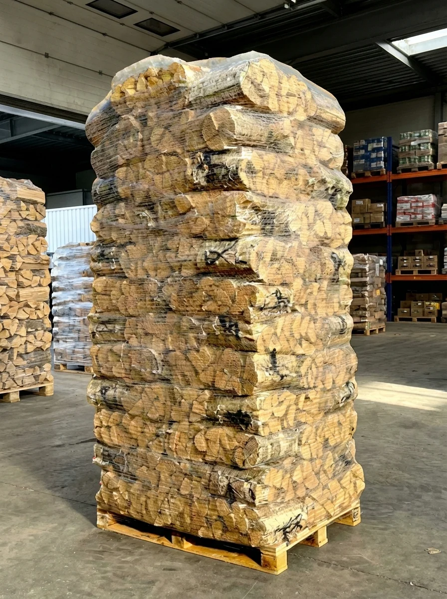 Stor staplad vedbunt inplastad på träpall i industriellt lager med metallhyllor och garageportar