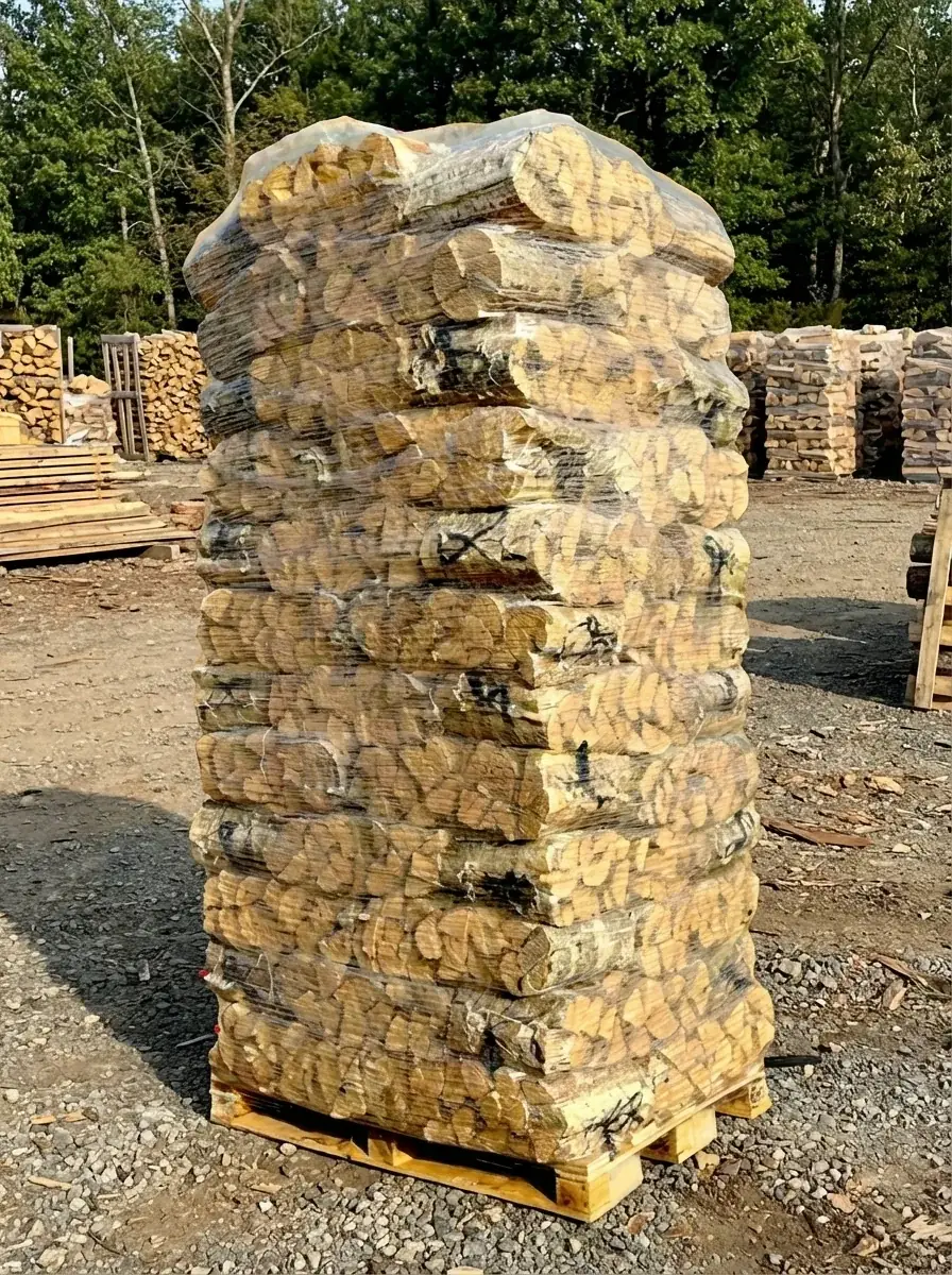 A tall stack of split birch logs palletised outdoors at a timber yard, with additional stacked firewood and lumber visible in the background among trees.