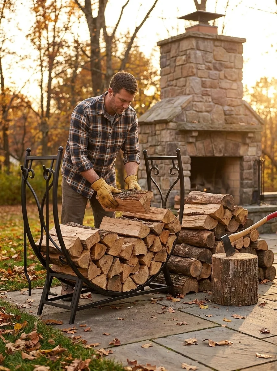 A man in a plaid shirt stacks split firewood logs into a metal log holder next to a stone outdoor fireplace in autumn.