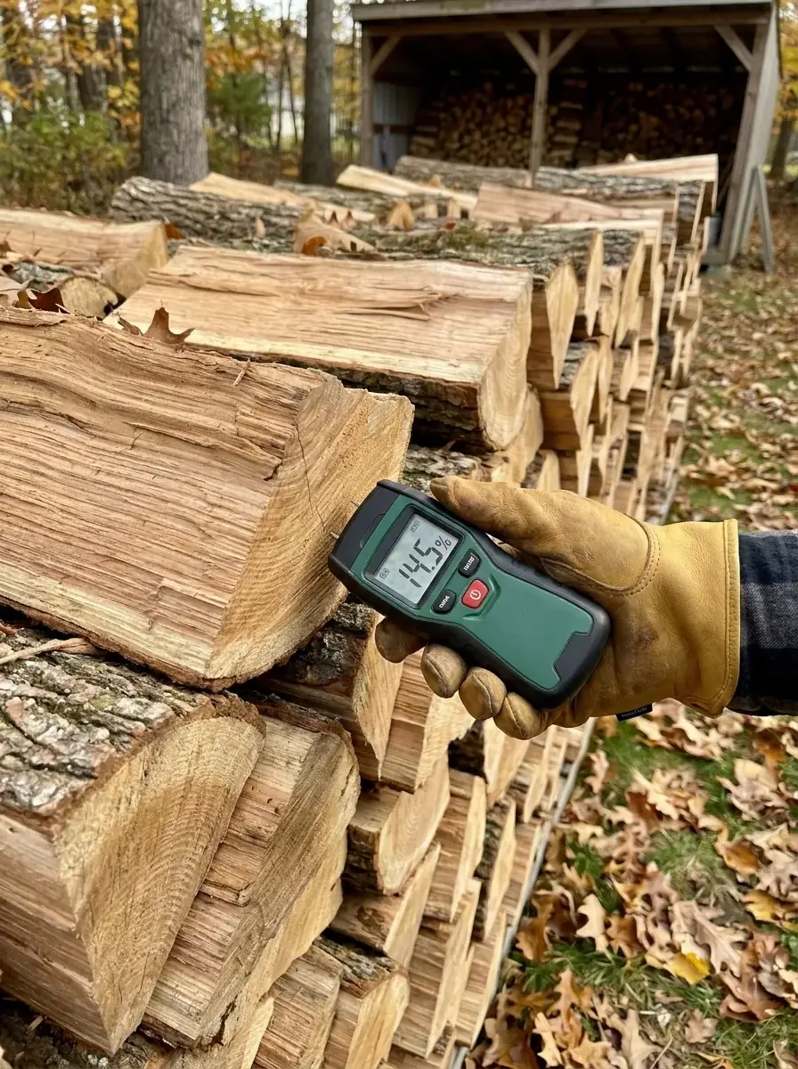 Person in work gloves holding a moisture meter against a freshly split log, with rows of stacked firewood and a wooden storage shed visible in the background.