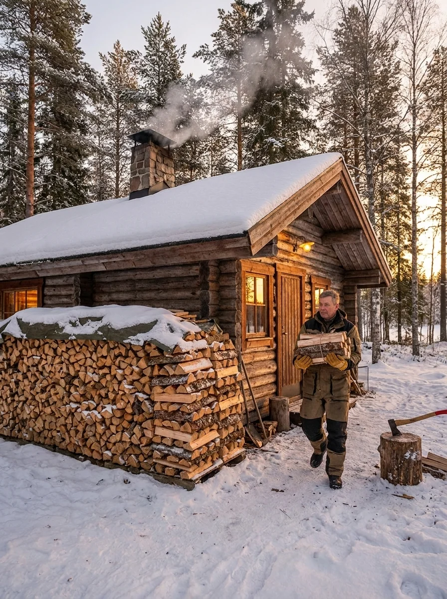 A man carries split firewood logs while walking past a large stacked woodpile beside a snow-covered log cabin with smoking chimney in winter forest.
