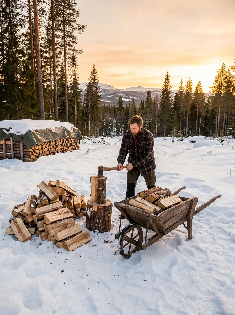 A man splits firewood with an axe next to a wooden wheelbarrow loaded with split logs on snow, with a covered firewood stack and coniferous forest in the background.
