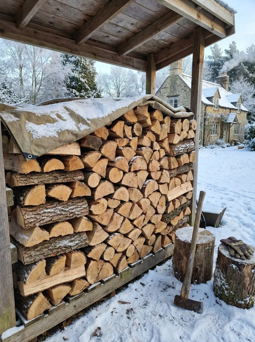 Split firewood stacked under a wooden pergola roof with snow cover, stone cottage visible in snowy background.