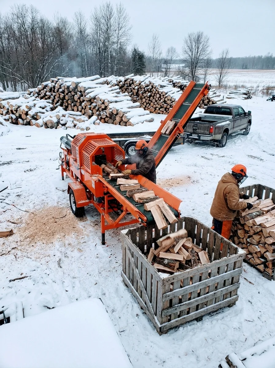 A man operating an orange wood chipper splits logs into a wooden crate while another worker stands nearby. Snow covers the ground, with stacked firewood logs visible in the background.