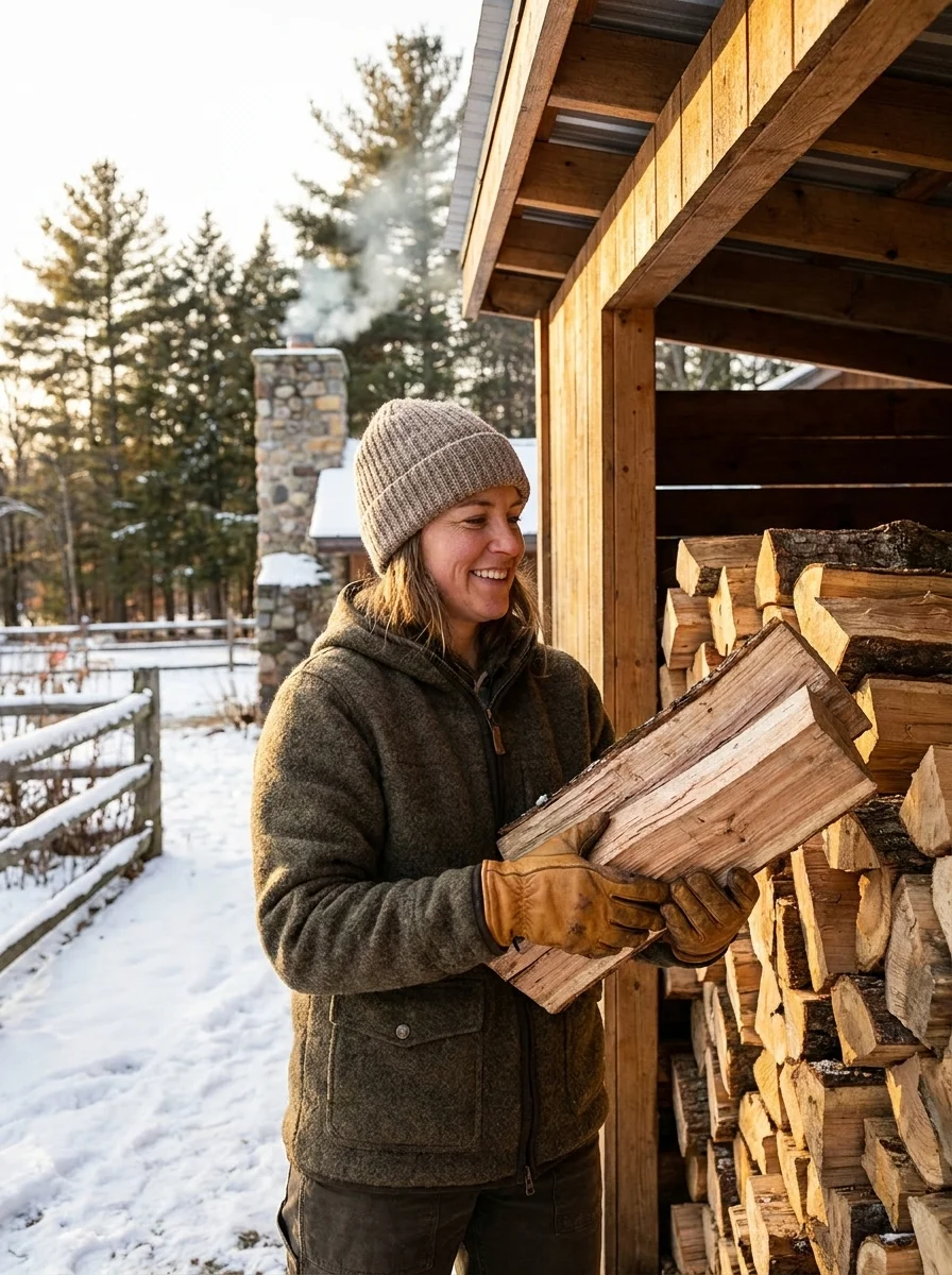 A woman in winter clothing holds split firewood from a stacked woodshed in a snowy alpine setting with coniferous trees and a stone chimney visible.