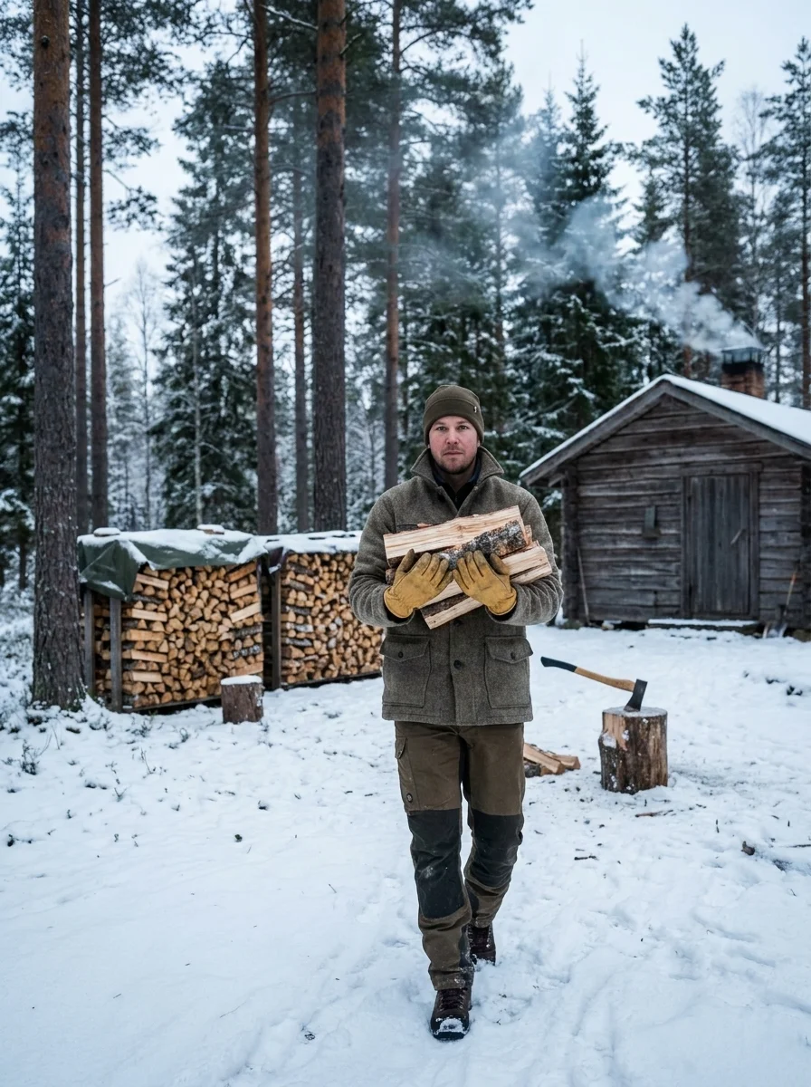 A man carrying split firewood logs in his arms walks through snow toward a wooden cabin, with stacked firewood and tall pine trees in the background.