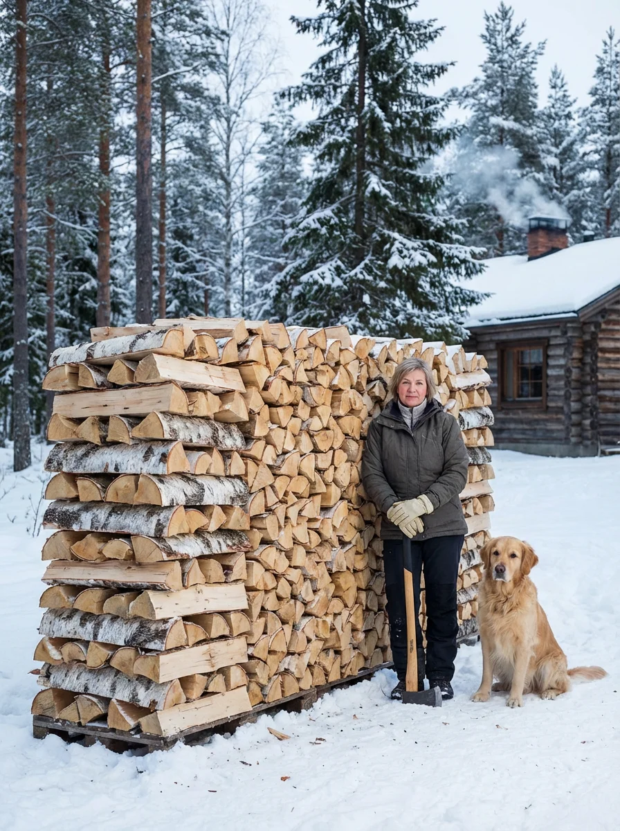 A woman and a golden retriever stand beside a large stacked firewood pile in snow, with a log cabin and snow-covered forest in the background.