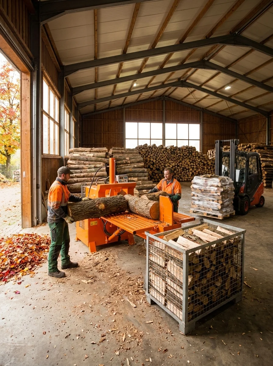 Two workers in orange safety gear operate a wood splitter processing logs in a covered barn. Stacked firewood and pallets fill the background.