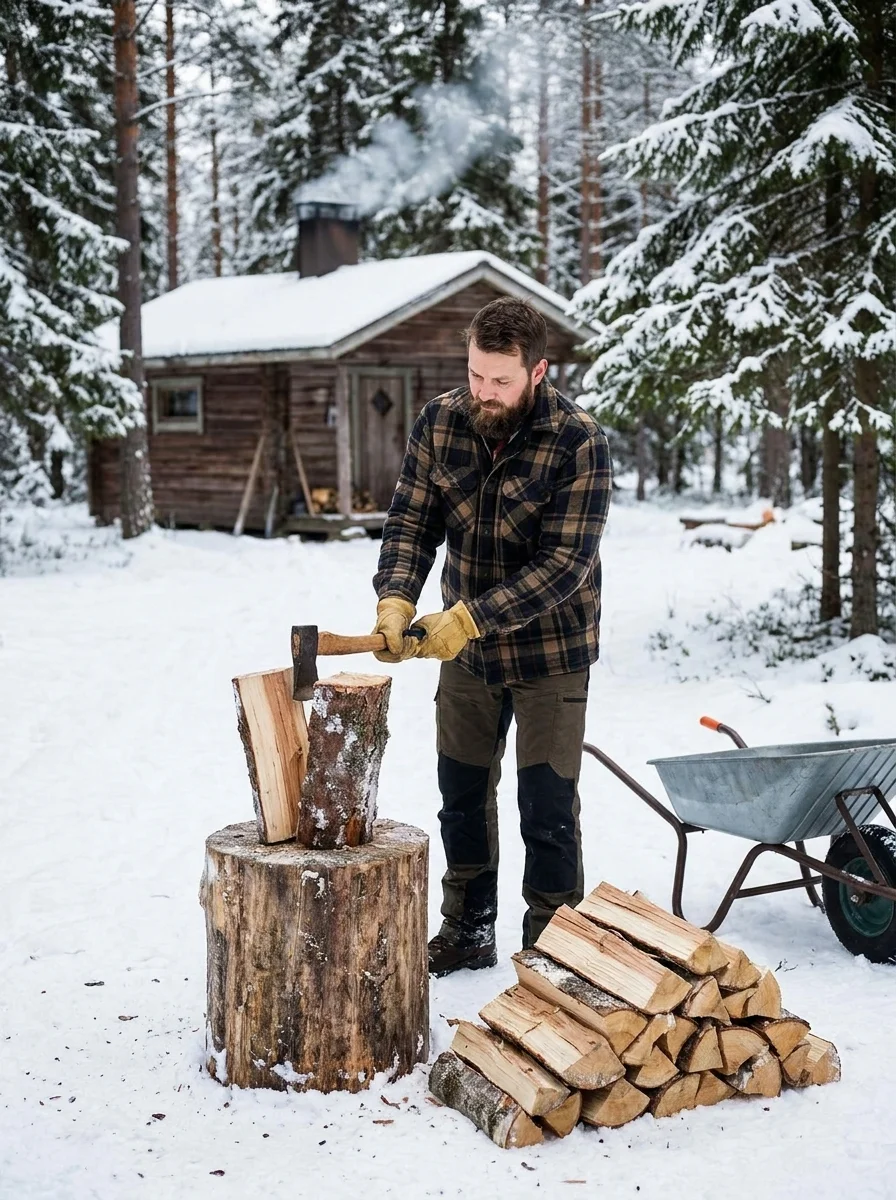 A man in a plaid shirt splits firewood with an axe at a stump in a snowy forest clearing, with split logs stacked nearby and a wooden cabin in the background.