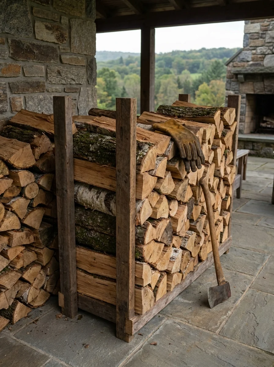 Split firewood stacked in wooden crates with metal handles on a stone terrace overlooking forested hills.