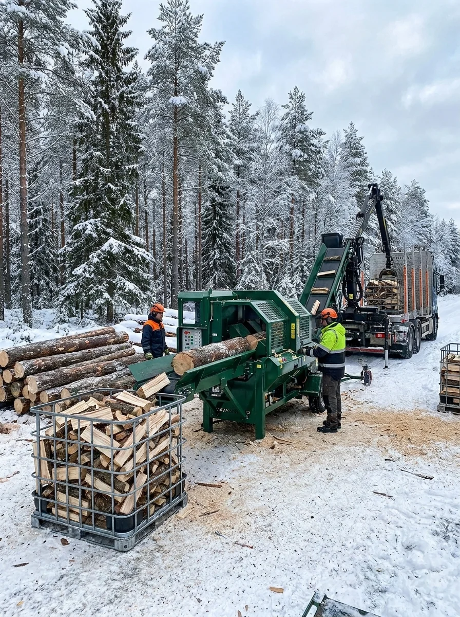 Two workers operate a green wood splitter processing logs into split firewood at an outdoor site surrounded by snow-covered conifer forest.
